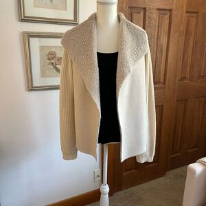 Cream Open Front Cardigan with Faux Shearling Collar